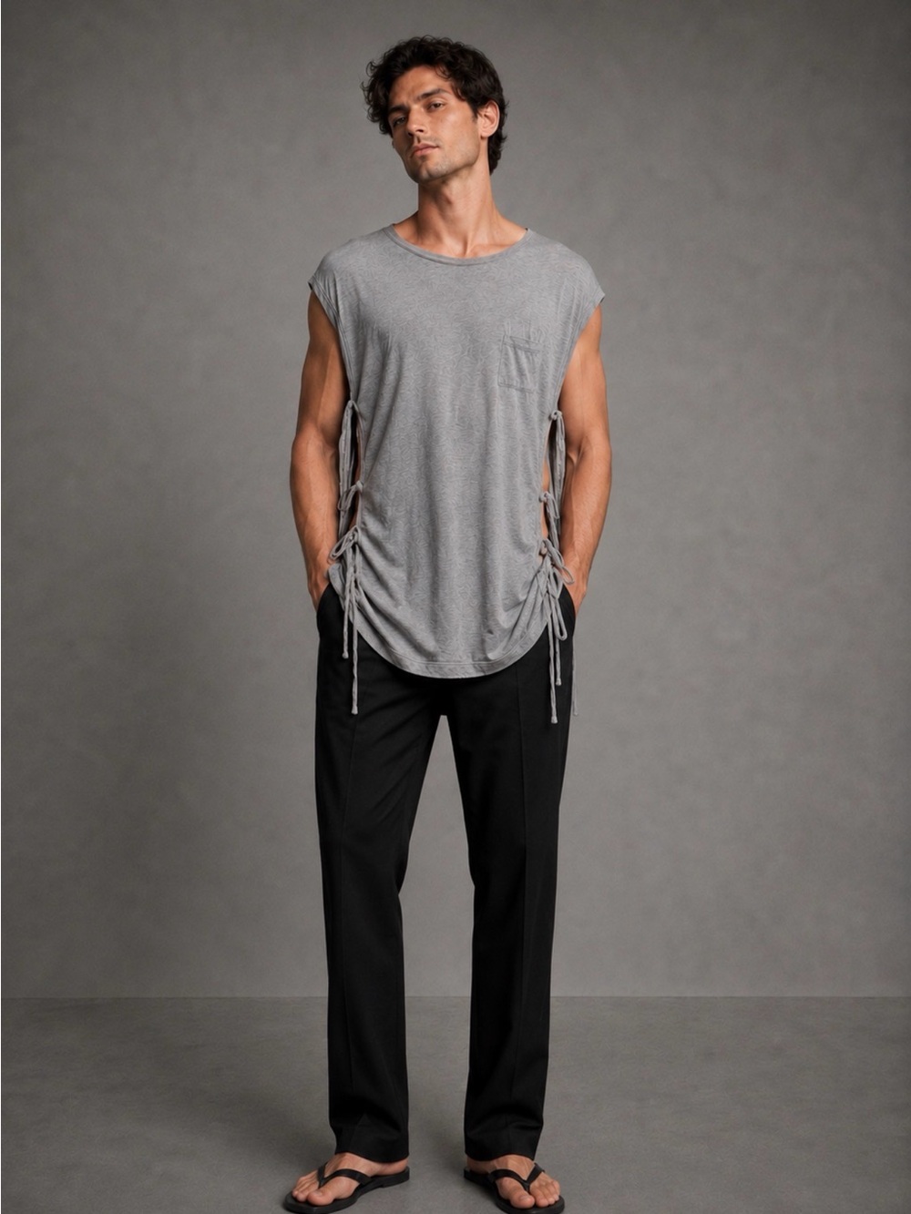 Helmut Lang Gray Cotton Cashmere Side Tie Muscle Tee Tunic XS Archive Style US